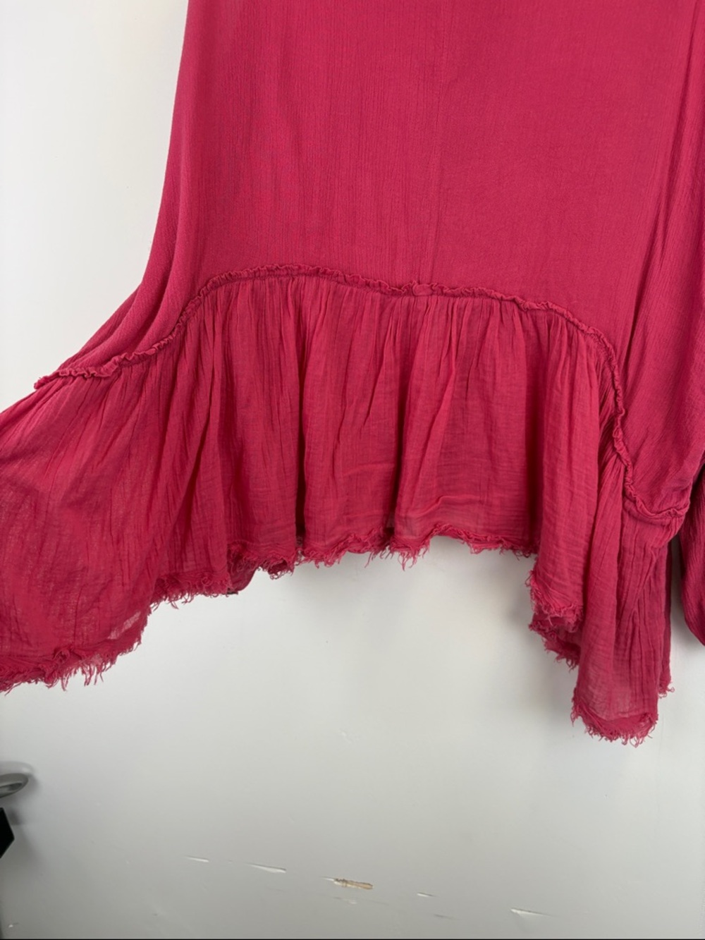 Free People Pink Gauze Button Front Peplum Top XL Boho Flowy Raw Hem Blouse - Picture 11 of 11